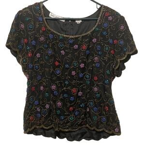 Vintage Scala Black Floral Beaded Sequin Floral Silk Shirt